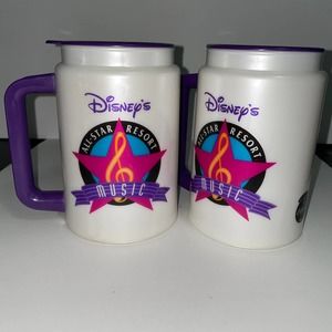 2 Vintage Disney All Star Music Resort Plastic Travel Mug Cups Refillable Purple
